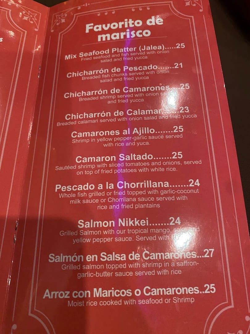 A red restaurant menu displays a variety of seafood dishes and their prices.