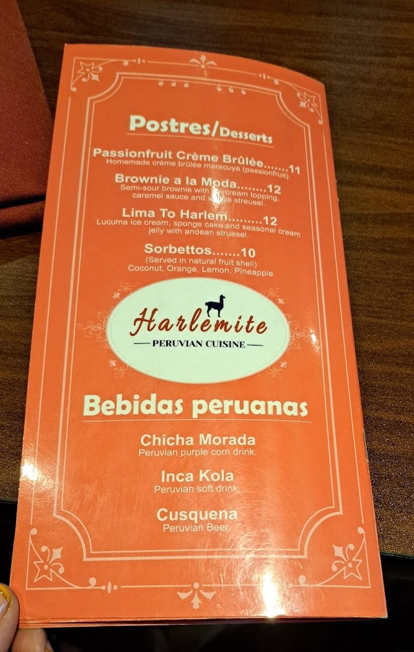 A close-up of a Harlémite Peruvian Cuisine menu, featuring desserts and Peruvian drinks.