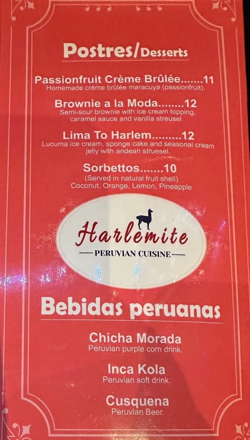 A red menu from Harlemite Peruvian Cuisine, featuring desserts and Peruvian drinks.